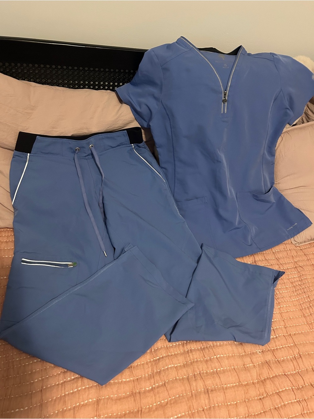 XSP healing hands  Light Blue Women's Zip-Front Scrub Set hemmed